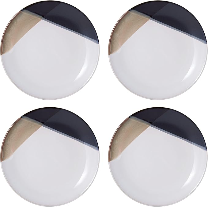 Mikasa Gourmet Basics Caden 16-Piece Stoneware Dinnerware Set, Service for 4, White Glossy Center with Black and Tan Two-Tone Reactive Glaze, Dishwasher and Microwave Safe