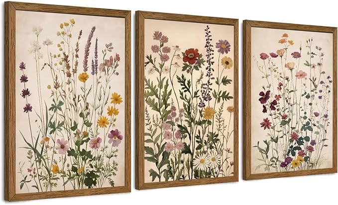 WRFON Botanical and Flower Canvas Wall Art, Framed Wildflower Wall Art Set of 3, Vintage Meadow Flower Canvas Prints, Cottagecore Floral Decor for Living Room Bedroom Bathroom Farmhouse Home, 20x30
