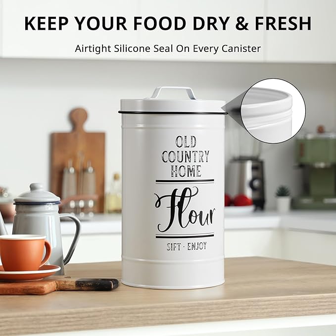 Bivvclaz Canisters Sets for the Kitchen, Airtight Kitchen Canisters for Countertop, Flour and Sugar Containers, Tea Coffee Sugar Canister Set, Coffee Bar Decor and Accessories, Set of 4, White