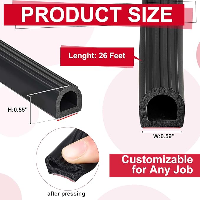 Pangda 26Ft D Shape Rubber Weather Stripping Foam Self-Adhesive EPDM Seal Strip for Noise Reduction Waterproof Dustproof for Cars Boats RVs Windows Doors (0.59" W x 0.55" H)