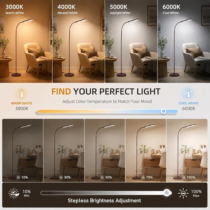 Wio-Mio Led Floor Lamps with 15w/1000lm Bright LED Floor Lamp with Stepless Adjustable 3000K-6000K Colors and Dimmer, Remote and Touch Control Reading Lamp, Adjustable Floor Lamp for Living Room