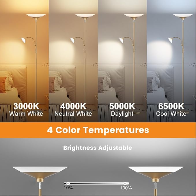 SIBRILLE Gold Torchiere Floor Lamp - 2 Way LED Standing Lamp with Reading Light, Dimmable 72'' Tall Lamp with Remote Color Changing, 34W Mordern Uplighter for Living Room Bedroom Office
