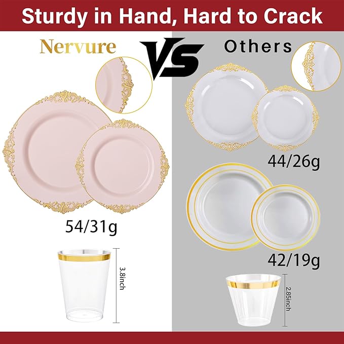 Nervure 350PCS Pink Plastic Plates - Pink Plastic Dinnerware Sets for 50 Guests - 100 Disposable Plates, 150 Gold Silverware, 50 Cups, 50 Napkins Perfect for Wedding & Party & Mothers Day