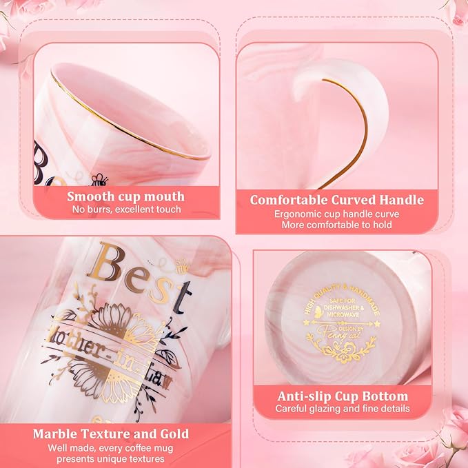 Mother in Law Birthday Gifts, Best Mother In Law Ever Mug, 14oz Pink Marble Mom Mug with Gold Print, Mom Gifts from Daughter-In-Law or Son-In-Law, Wedding Valentine Coffee Cup Present, Nice Gift Boxed