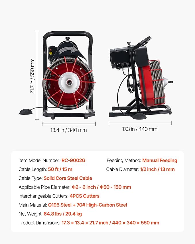 VEVOR Drain Cleaner Machine 50 FT x 1/2 Inch, Sewer Snake Auger Manual Feed with 4 Cutters & Air-activated Foot Switch for 2" to 6" Pipes
