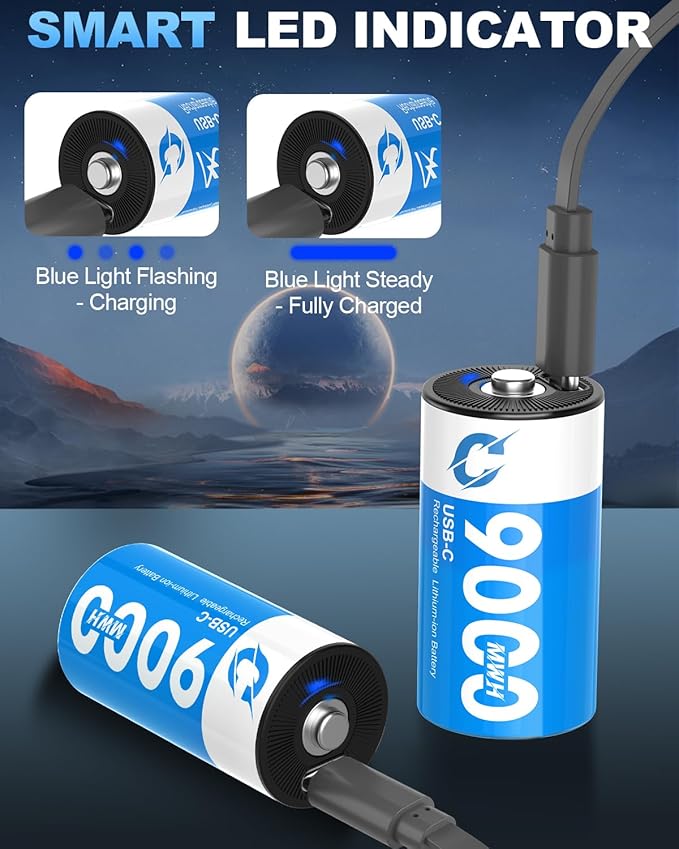 Artman Rechargeable Lithium C Batteries 4 Pack, 1.5V C Cell Batteries with 2 in 1 USB-C Charging Cable, 9000mWh High Capacity Size C Li-ion Battery for Floodlight Toys, Recharge up to 1200+ Cycles