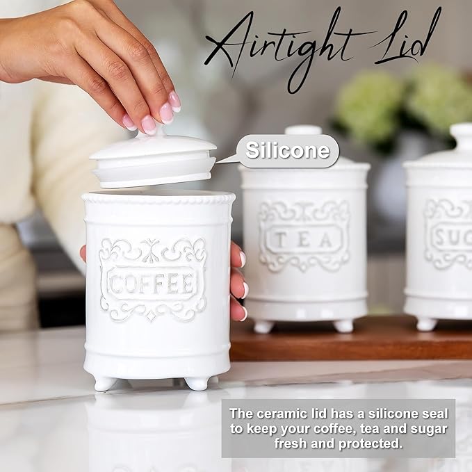 25DOL 25 Ounce Elegant Ceramic Kitchen Canisters Set of 3 - Engraved Coffee Tea Sugar Storage Containers with Feet for Added Style and Stability - Ceramic Jar with Airtight Lid