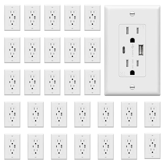 TOPGREENER USB Outlet, Type C & Type A Wall Outlet, 15 Amp Tamper Resistant Receptacle Plug, USB Outlets Receptacles, Wall Plate Included, UL Listed, TU21536AC-WWP-30PCS, White, 30 Pack