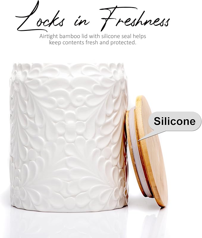 XXL 94 Oz Engraved Ceramic Kitchen Canister - Storage Jars with Airtight Lids Made from Bamboo with Nature-Inspired Engraving - Use as a Pasta Holder, Coffee Ground Holder, Rice Container, Candy Jar