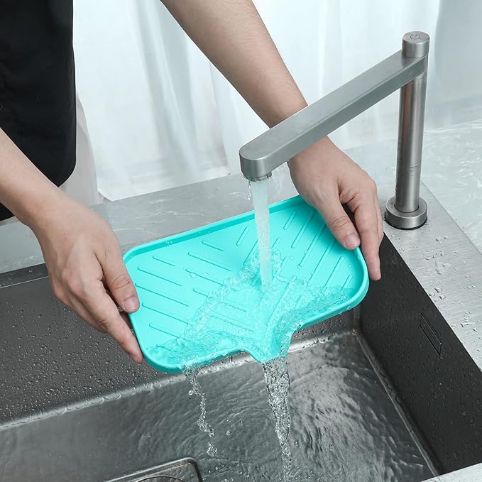 MicoYang Silicone Soap Dish with Drain Spout — Self-Draining Sink Organizer Tray for Bathroom & Kitchen, Sponges, Dispensers & Soap Holder, Non-Slip & Dishwasher Safe, Mint (Medium, 9.6"×5.3")