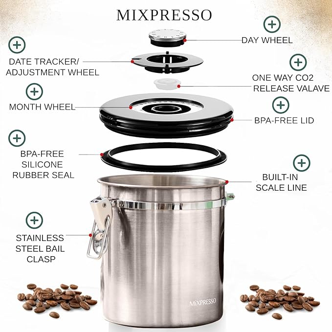 Mixpresso 16 Oz Stainless Steel Coffee Canister with Scoop – Airtight Coffee Container with CO2 Valve for Bean Storage, Date Tracker Lid