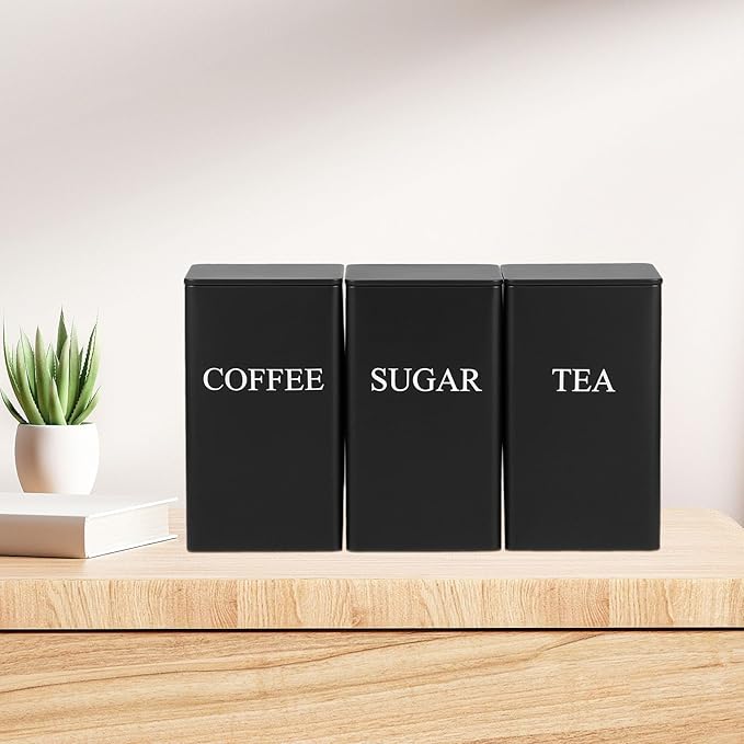 3Pcs Tea Coffee Sugar Canisters Set, Metal Coffee and Sugar Containers, Versatile Kitchen Storage Jars with Airtight Lids, Space Saving Food Canisters Set for Home Kitchen (Black)