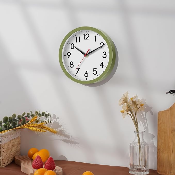 AKCISOT 8 Inch Wall Clock, Battery Operated Analog Clock, Silent Non-Ticking, Ideal for Bedroom, Bathroom, Kitchen, Office and School, Olive Green