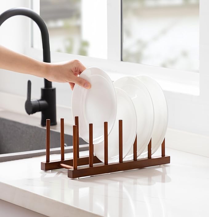 HBlife 6 Slots Teak Dish Plate Bowl Cup Book Pot Lid Cutting Board Drying Rack Stand Drainer Storage Holder Organizer Kitchen Cabinet（Keep Dry）