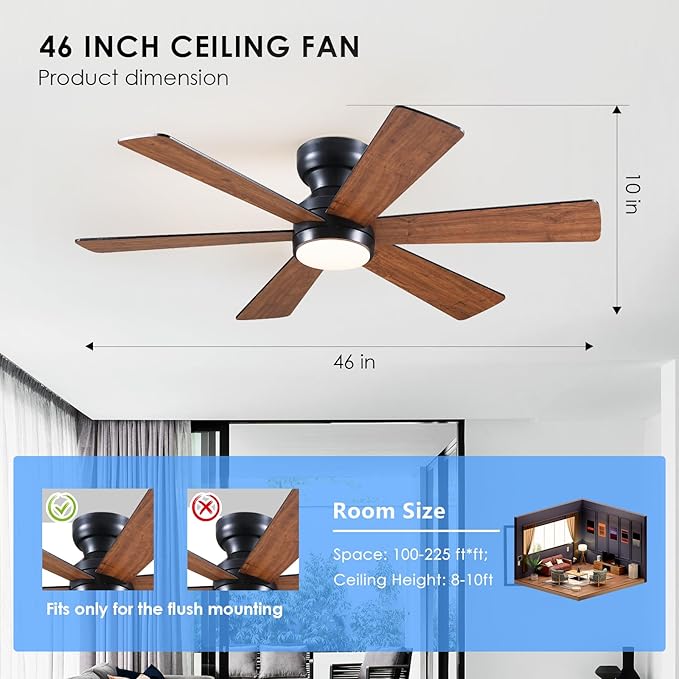 Asyko 46" Brown Low Profile Ceiling Fans with Lights and Remote, Modern Indoor Ceiling Fan Light with Quiet Reversible DC Motor, Flush Mount Ceiling Fans with Dimmable LED for Bedroom Kitchen