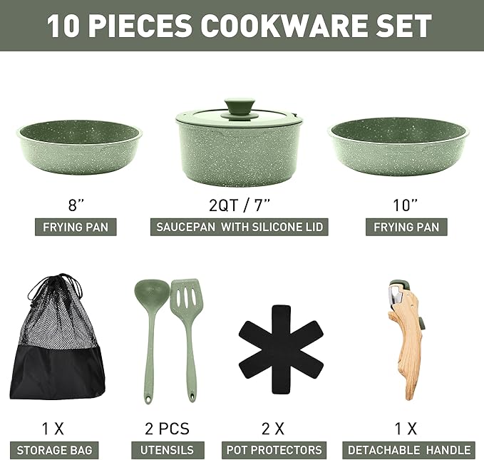 MAISON ARTS Detachable Handle Induction Pots and Pans Set, 10 Piece Non Stick Kitchen Cookware Sets, Stackable Green Granite RV Cooking Set for Camper