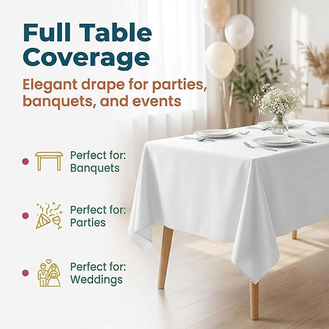 Plastic Table Cloth, 5 Packs Disposable Tablecloth 54 X 108 Inch White Plastic Tablecloth for Rectangle Tables Tougher PEVA Table Cover for Party Decorations Picnic Graduation Camping Birthday