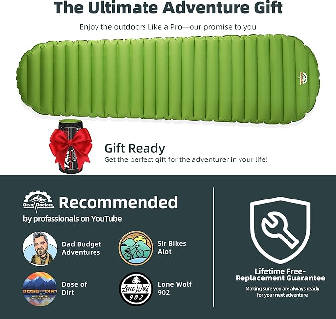 Gear Doctors® ApolloAir 5.2 R-Value [17oz] Ultralight Insulated Inflatable Camping Sleeping Pad — Backpacking Sleeping Pad— Camping Mattress Compact Lightweight for Hiking—Air Mattress for Backpacking
