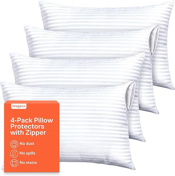 Ultra Soft Pillow Protectors with Zipper Standard Size - Set of 4 Breathable Pillow Covers - 100% Protection Against Stains, Dust & Dirt - Machine Washable (Dark White)