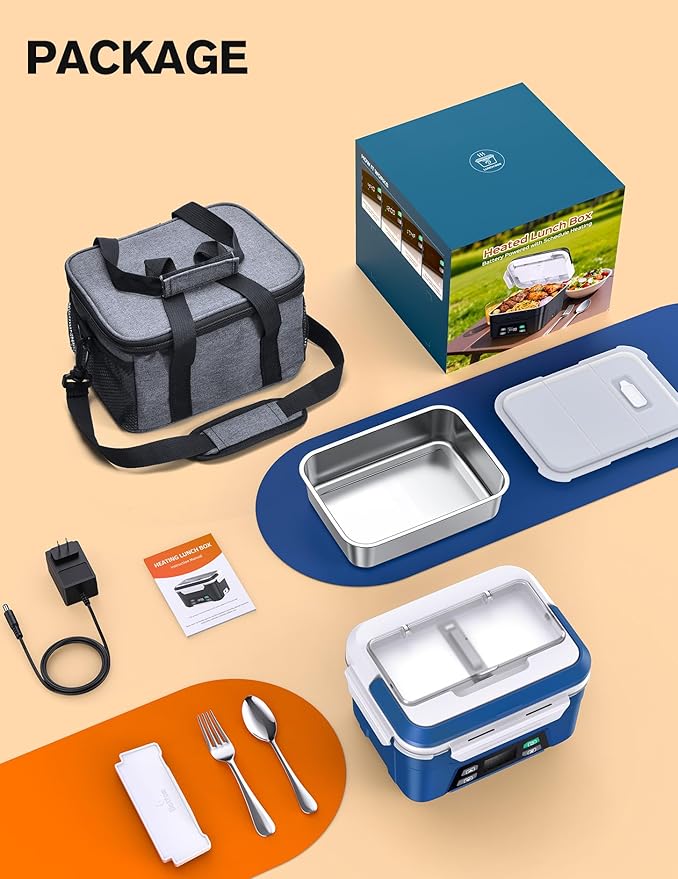 EAST OAK XL 6.3 Cups Cordless Electric Lunch Box for Adults, Heated Lunch Box Battery Powered with Automatic Heating, Portable Food Warmer with Removable Tray Divider