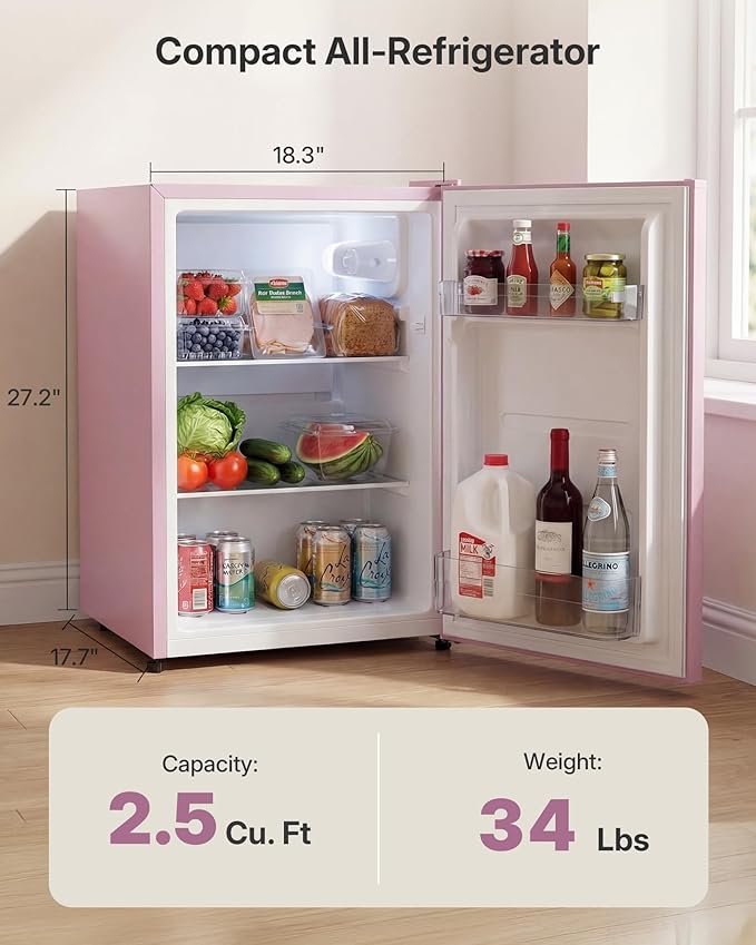 Upstreman 2.5 Cu.Ft All-Refrigerator Mini Fridge, Single Door Small Refrigerator, Dorm Fridge with 7 Adjustable Thermostat, Compact Refrigerator for Office, Bedroom or Dorm, Pink-CR26