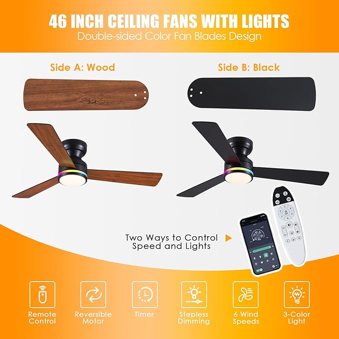 Asyko 46" RGB Ceiling Fans Light,Low Profile Ceiling Fans with Lights and Remote,Modern Flush Mount Ceiling Fan Light with Quiet Reversible DC Motor for Bedroom Kids Room