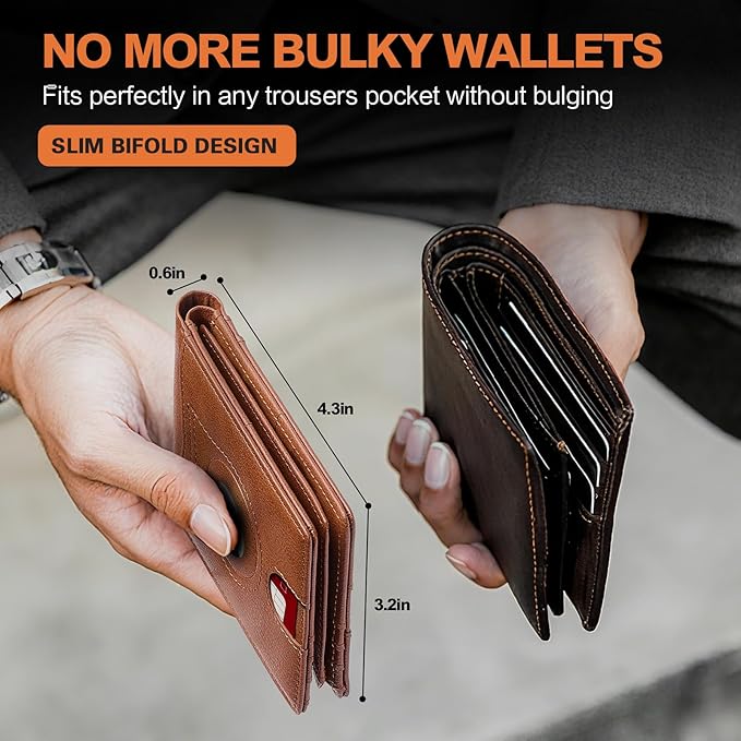 Wallet for Men Slim RFID Blocking Bifold Carbon Fiber,Minimalist Small Compact Front Pocket Credit Card Holder,Thin Mens Leather Wallets Smart Security With 2 ID windows 1 Cash (Caramel Brown)