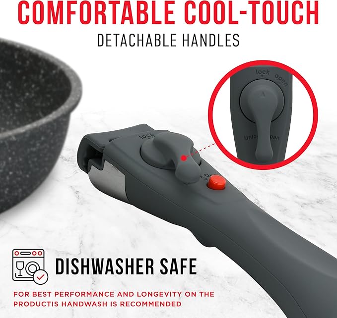Pots & Pans Set Non Stick Ceramic-Granite – 15-Piece Cookware with Detachable Handles, Stackable Space-Saving, Dishwasher Safe, Oven & All-Stove Safe, Tempered Glass Lids, Black Granite