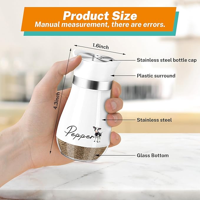 Cow Salt and Pepper Shakers Set,4 oz Glass Bottom Salt Pepper Shaker with Stainless Steel Lid Animal Decorations Country Kitchen Decor Farmhouse Gifts for Farmers(Cow)