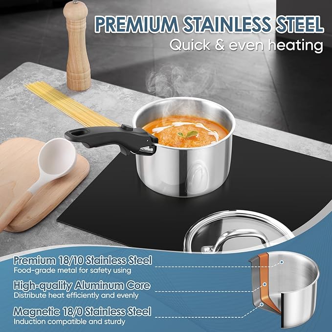 Walchoice 9pcs Stainless Steel Cookware Set, Tri-Ply Sauce Pans Set with Detachable Handle, Induction Pots Cooking Set for RV, Camping, Kitchen, Oven & Dishwasher Safe