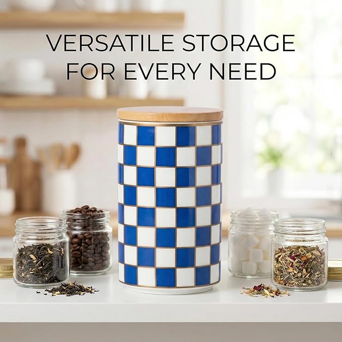 1 Piece Ceramic Coffee Canister, Airtight Coffee Container with Lid for Kitchen Storage (15.8x9cm, Blue Checkered)