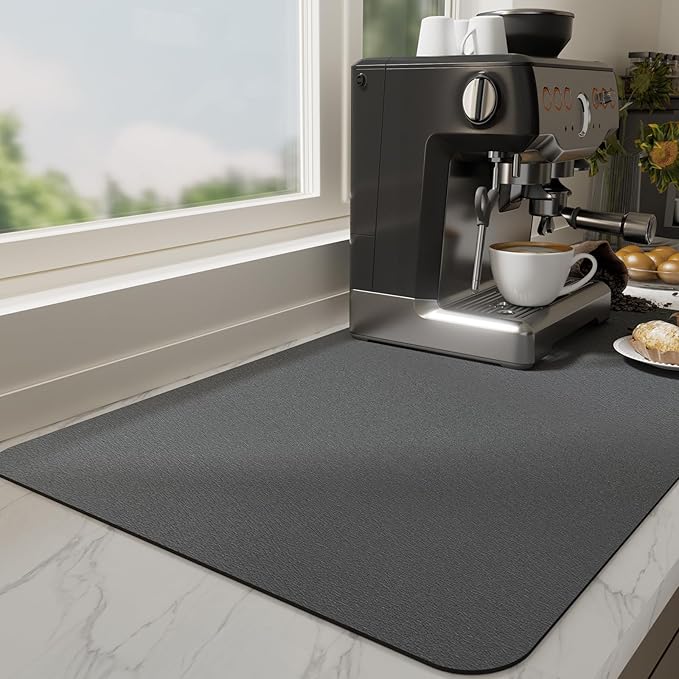 Ecotrim Absorbent Coffee Mat , Stain Hiding PU Leather Surface, Non-Slip Natural Rubber Backing, Quick Dry Mat for Espresso Machine, Kitchen Counter ,Dark Grey | 16" x 24"