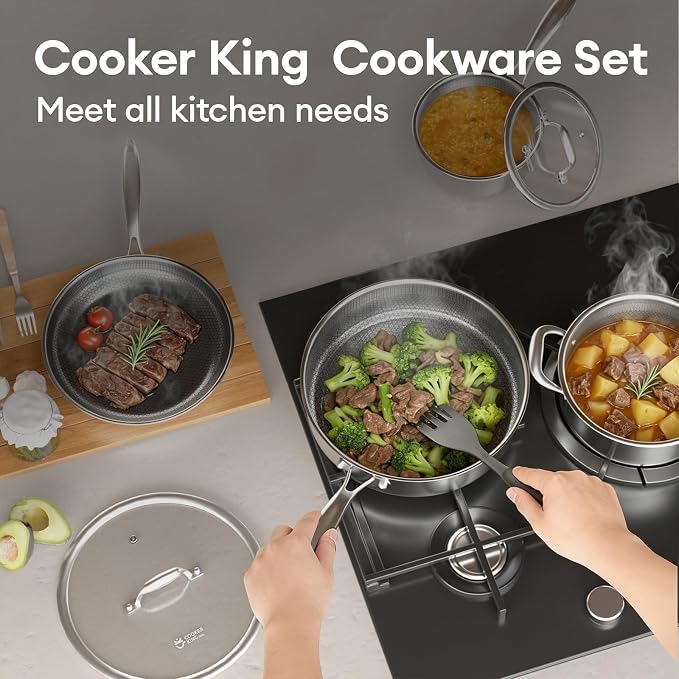 COOKER KING Hybrid Stainless Steel Cookware Set, 8pcs Pots and Pans Set | Hybrid, Non Stick, Non Toxic, PFOA Free, Induction Compatible, Oven and Dishwasher Safe, Stay-Cool Handles
