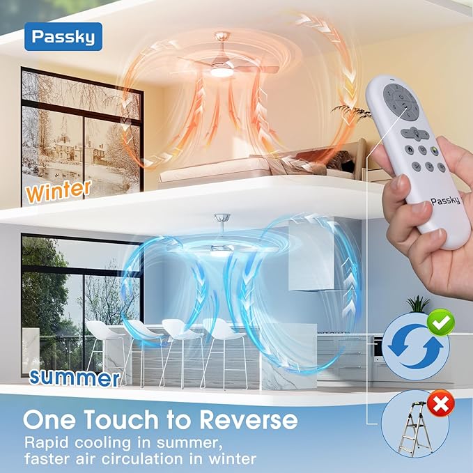 Passky Ceiling Fans with Lights, 42 inch Sleek Ceiling Fan with Light and Remote Control, 3CCT, Dimmable, Reversible, Noiseless, Silver Ceiling Fan for Bedroom, Living Room