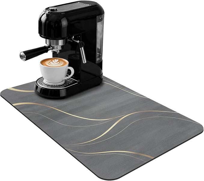 Coffee Mat 24x16 Inch, Irregular Black Streamline Coffee Top Mat, Absorbent Hide Stain Rubber Backed Dish Drying Mat for Kitchen Counter, Bar Mat for Countertops,Under Coffee Machine Espresso Staion