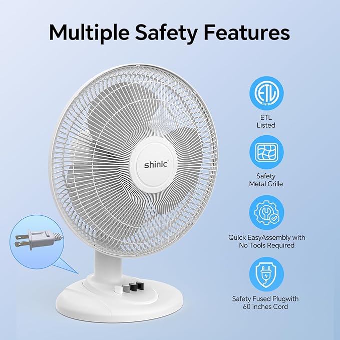 shinic 12-Inch Oscillating Table Fan, 3-Speed Quiet Desk Fan with Adjustable Tilt & Safety Grill, ETL Listed Portable Tabletop Fan for Bedroom, Home Office, Kitchen, Dorm