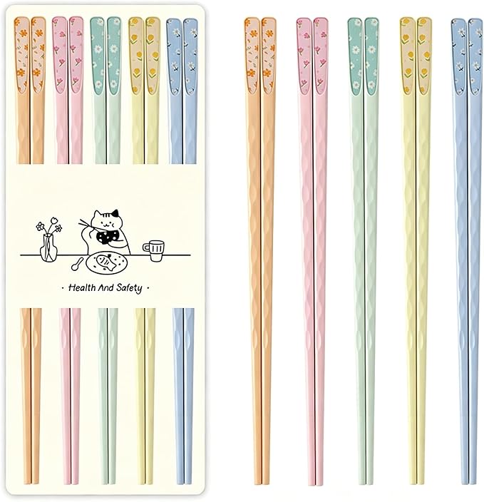 Fiberglass Chopsticks with Floral Pattern – Reusable, Heat-Resistant, Lightweight, Non-Slip, Dishwasher Safe 5 Pairs Chop Sticks for Sushi Noodles Ramen