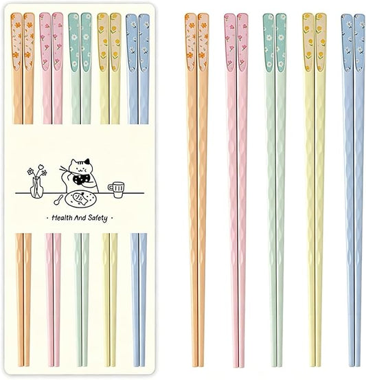 Fiberglass Chopsticks with Floral Pattern – Reusable, Heat-Resistant, Lightweight, Non-Slip, Dishwasher Safe 5 Pairs Chop Sticks for Sushi Noodles Ramen