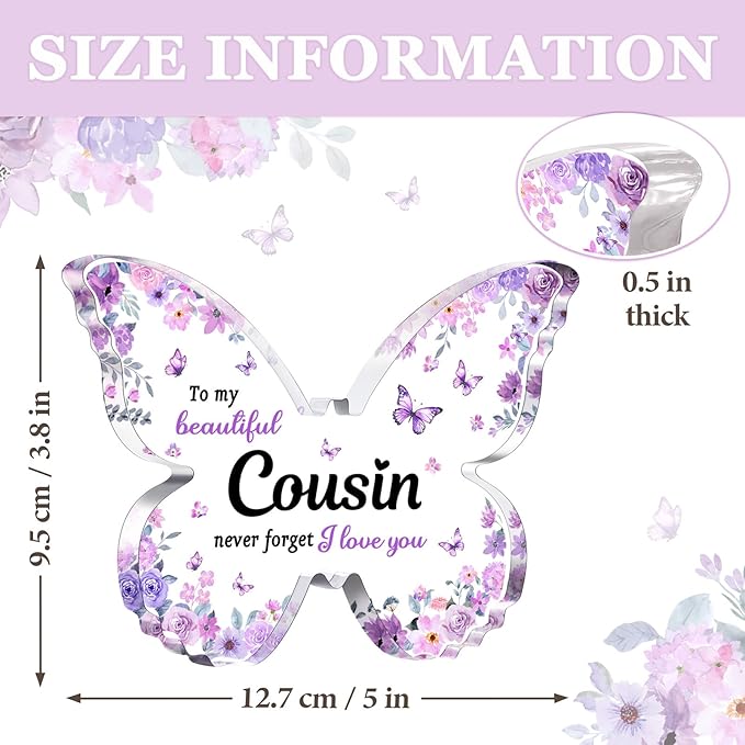 Cousin Gifts for Women, Unique Purple Butterfly Acrylic Plaque Desk Decor, Mothers Day Christmas Birthday Gift for Cousin female - 5 x 3.8 x 0.5 inches