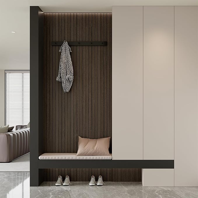 Yutianli PVC Slat Wall Panel Peel and Stick 236"x 15.7" Faux Wood Slat Panel Artificial Smoked Wood Grain Self-Adhesive Soundproof 3D Wall Panel for Walls and Ceilings