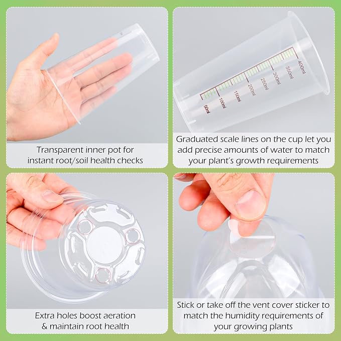 30 Pack 3.5" Self Watering Propagation Pots, Seed Starter Cups with Dome | Large Dual-Layer Clear Pots, Vent Dome, Self-Watering Reservoir, For Cuttings & Seedlings, 30 Plant Labels Included