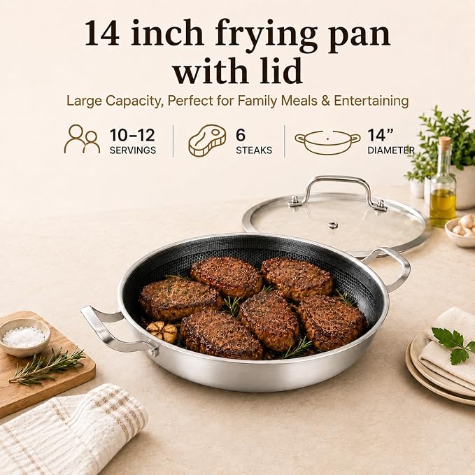 DELARLO Paella Pan 14 Inch Tri-Ply Stainless Steel Paella Pan with Lid Nonstick Frying Pan, Hybrid Induction Large Skillets,Great for Paella Parties Indoors Outdoors,Heavy Duty Style