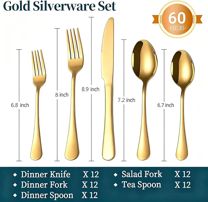 60 Piece Gold Silverware Set for 12, Bulk Stainless Steel Gold Flatware Cutlery Set Food Grade Utensil Set Include Forks Knives Spoons for Home Kitchen Restaurant Wedding, Dishwasher Safe