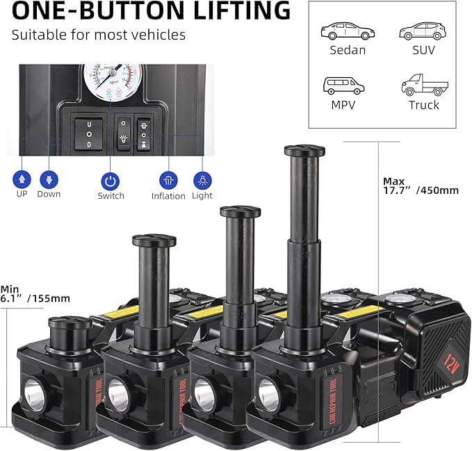 Electric Jack BENYAN 5 Ton Car Floor Jack Kit with Inflator Pump | 12V Portable Car Hydraulic Jack with LED Light for SUV MPV Sedan | Lifting Height Range 6 to 17.7 Inch Black