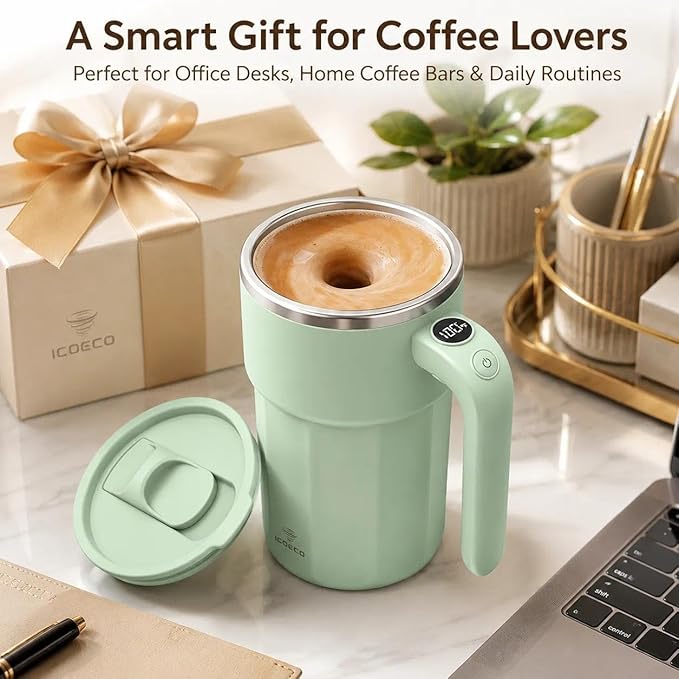 Self Stirring Coffee Mug, 12oz Rechargeable Magnetic Mixing Cup with Temperature Display, 316 Stainless Steel Electric Stirring Cup with Lid & Handle for Coffee, Cocoa, Matcha, Creamer, Mushroom Coffe