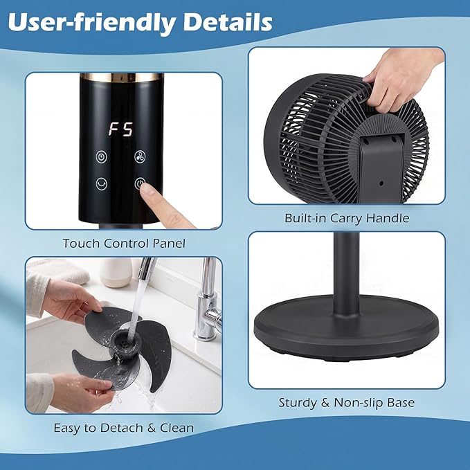 COSTWAY Pedestal Fan for Bedroom, Compact Oscillating Standing Fan with 70° Oscillation, 90° Tilt, 3 Adjustable Heights, 8 Speeds, 12H Timer & Remote, Quiet Table Fan for Home Office (Black)