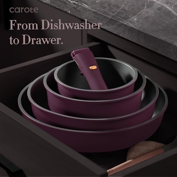 CAROTE 32pcs Pots and Pans Set Non Stick, Detachable Handle Cookware Sets | Bakeware and Kitchen Gadgets, Space Saving, Dishwasher & Oven Safe, Non-Toxic, for Camping/RV/Traveling, Purple