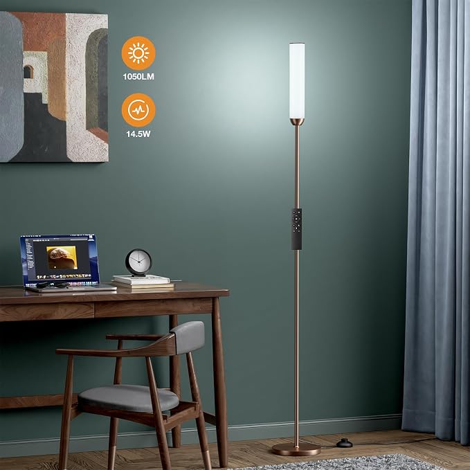 Ambimall LED Floor Lamp with Remote Control, 65" Standing lamp with Stepless Adjustable 3000K-6500K Colors & 30-100% Brightness, Foot Switch(Brown)