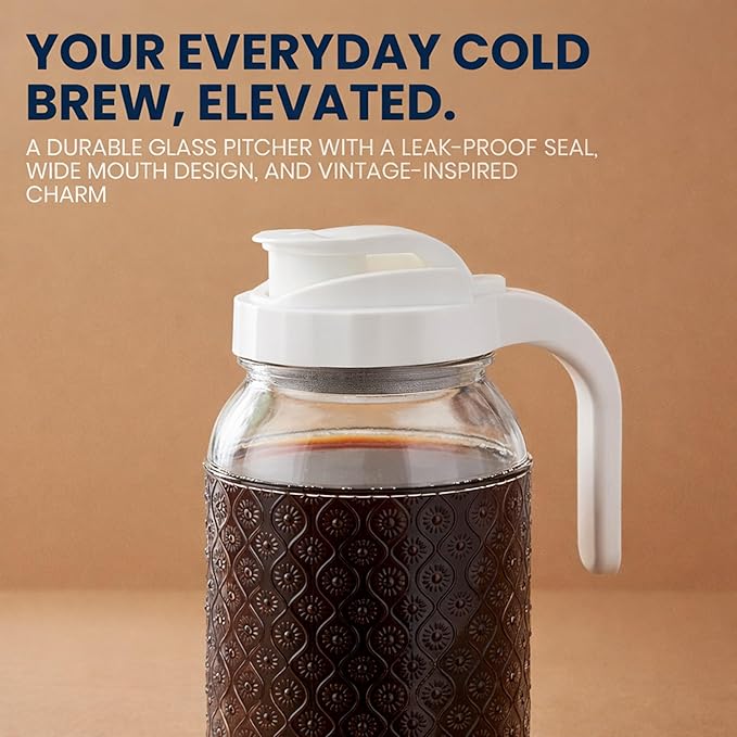Cold Brew Coffee Maker 64 oz – Airtight Glass Mason Jar Pitcher Brewer with Leak-Proof Lid & Handle, Wide Mouth Iced Coffee Maker, Vintage Kitchen Decor - Lavender