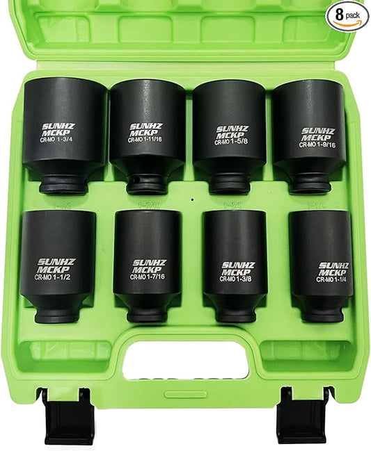 SUNHZMCKP 1/2" Drive Deep 6-Point Impact Socket Set, 8-Piece Standard SAE Spindle Axle Nut Impact Socket Set, Cr-Mo, 1-1/4-Inch to 1-3/4-Inch Size